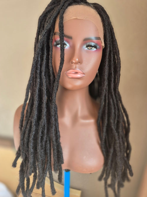 Long dark loc Crown, alternate front view with locs arranged forward