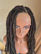 Long dark loc Crown closeup of lace front construction