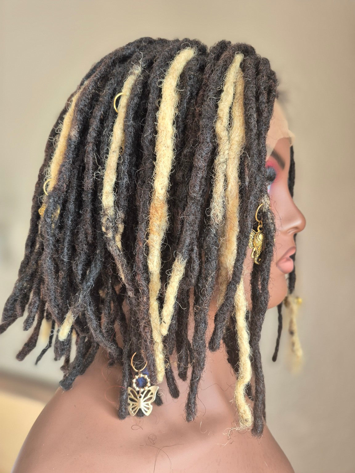 Use Your Own Locs demonstration, side view showing dark and blonde accent locs and gold jewelry