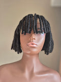 Short black loc bob with fringe, front view on mannequin